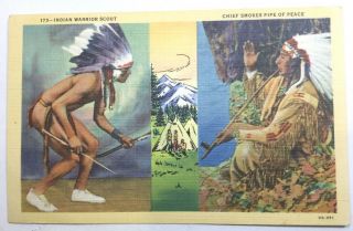 Vintage Native American Postcard,  Warrior And Chief,  Linen,  Unposted C T Art
