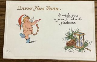 Vintage Year’s Postcard Angel Cherub Bells Pinecone Hourglass