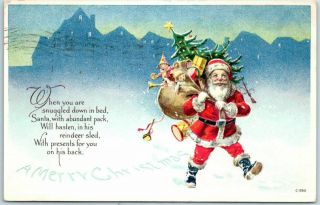 Vintage 1921 Santa Claus Christmas Postcard Red Suit Bag Of Toys Walking Snow
