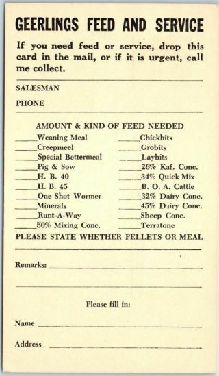 Vintage Advertising Postcard " Geerlings Feed And Service " Checklist Card C1960s