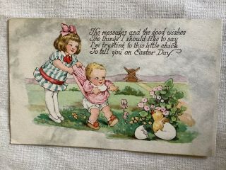 Vintage Easter Postcard Girl Pulling Back Sister Chick In Egg