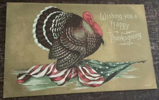 Vintage Thanksgiving Day Postcard Gold Background Turkey On American Flag
