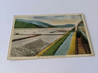 Vintage Salt Beds,  Great Salt Lake,  Ut. ,  Litho Postcard W/ Train