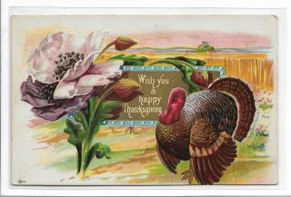 Vtg Post Card Wish You A Happy Thanksgiving Turkey Purple Flowers