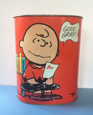 Vintage 1969 Red Peanuts Wastebasket Trash Can Snoopy Charlie Brown Euc