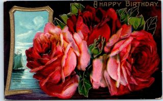 Vintage Happy Birthday Greetings Postcard W/ Colorful Pink & Red Roses C1910s