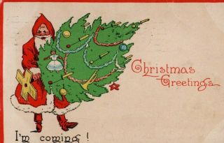 Vintage Christmas Greeting Postcard: Santa Claus With A Christmas Tree 1915