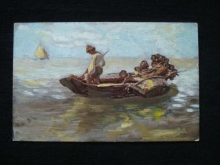 Hand Painted Vintage Nautical Scene Postcard,  Man In Boat Novelty,  Painting