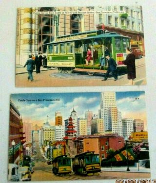 2 Vintage 1940s Linen Postcards Of Cityscapes & Cable Cars,  San Francisco,  Cal.