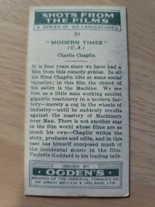 Charlie Chaplin Modern Times 1936 Ogden ' s Cigarette Card 30 (G) 2