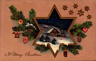 Vintage Embossed Postcard - " A Merry Christmas " - Stars & Winter Scene Bk22