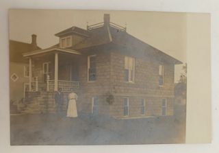 Rppc Real Photo Postcard Man And Woman Standing In Front Of Brick House Vintage
