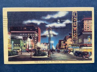 Canal Street At Night,  Orleans La Vintage Linen Postcard 1947