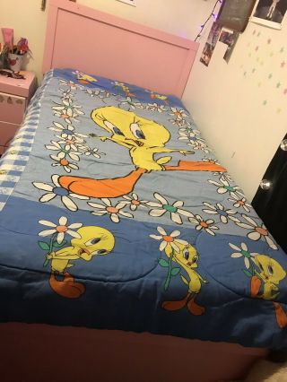Vintage 1998 Looney Tunes Tweety Bird Bed Comforter 57 " X 85 " Blue & White