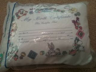 Nos Vintage 1993 Looney Tunes Birth Certificate Baby Pillow Taz Bugs Tweety