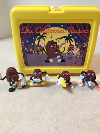 Vintage Thermos Brand The California Raisins Yellow Plastic Lunch Box W/ Figures
