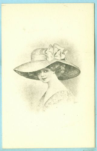 3rd Of 3 Vintage,  A Brunet Lady With A Big Hat With S Big Bow.
