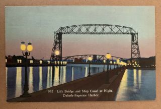 Vintage Postcard Lift Bridge & Ship Canal At Night Minnesota Duluth Superior