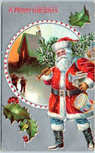 Vintage Christmas Postcard Santa Claus In Red Suit,  W/ Musical Instruments 1910s