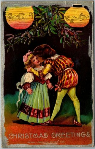 Vintage Christmas Embossed Postcard Boy & Girl Kissing Under Mistletoe - 1910