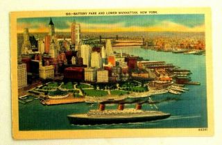 Vintage 1940s Linen Postcard Of Battery Park & Lower Manhattan,  York