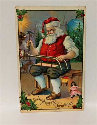 Vintage Early 1900 ' s Santa Claus Workshop making Toys Postcard Stegher Quality 3