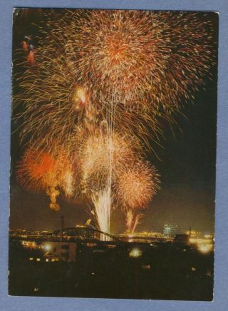 Vintage Pc Fireworks Display Over Sumida River Tokyo Skyline
