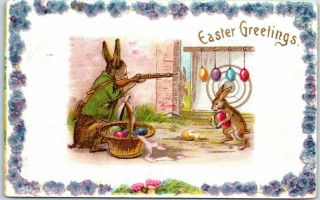 Vintage 1909 Easter Greetings Postcard Dressed Rabbit Rifle Target Practice Eggs