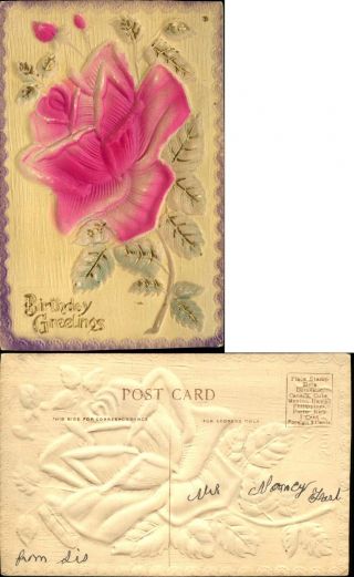 Birthday Vintage Postcard C1910 Heavily Embossed Airbrushed Pink Purple