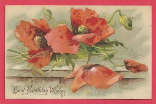 Vintage Birthday Greetings Postcard,  Poppies,  Artist Sig,  Up