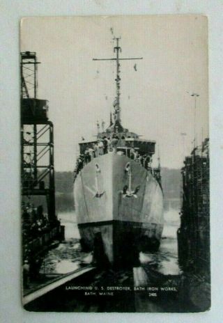 Vintage 1940s Linen Postcard Of Us Destroyer,  Bathiron,  Bath,  Maine