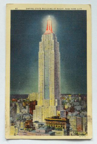 Antique Vintage York City Postcard Empire State Building At Night City View