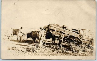 Vintage Rppc Real Photo Postcard Logging / Labor Scene Ox Cart C1910s