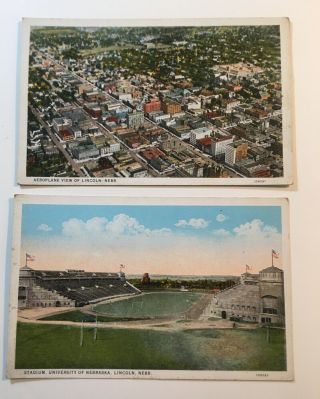 2 Vintage Pc’s Aeroplane View Of Lincoln Ne & Stadium University Of Nebraska