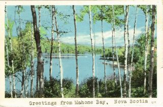 Vintage Greetings From Mahone Bay Nova Scotia Canada Postcard L11 1954 Postmark