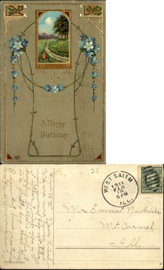 Birthday Vintage Postcard Art Deco Forget Me Not Flowers Gilt 1911