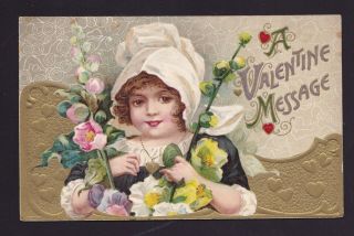 Old Vintage 1911 Postcard Of A Valentine Message Girl With Flowers