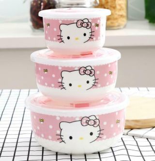 Cute 3 - Piece Hello Kitty Ceramic Clear Bowl Storage Containers Set W/lids Pink