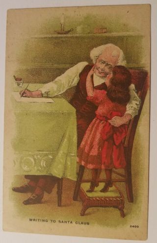 Vintage C1909 Postcard Little Girl,  Her Grandpa Writing To Santa Claus