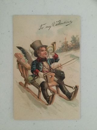 Vintage Valentine Postcard,  Pbf 6217,  Young Boy On Sled & Horn,  To My Vale