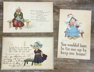 3 Antique Vintage Dutch Postcards Girl Dog Wooden Clogs