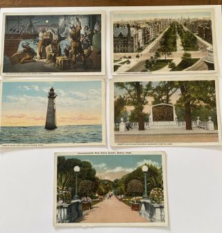 5 Vintage Postcards Boston Ma.  Tea Party,  Light House,  Shaw Monument,  Garden.