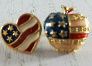 Vintage Signed Avon Patriotic American Flag Heart Pin & Teacher Apple Pin