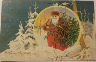 Vintage C1910 Postcard Santa W/pack,  Xmas Tree Inset In Snowy Winter Scene