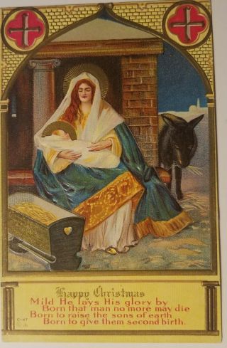 Vintage 1913 Christmas Postcard - Madonna And Child W/ Words From Hymn - Hark.