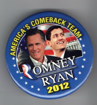 2012 Mitt Romney Pin Paul Ryan Jugate Campaign Pinback D 3 Inch Size