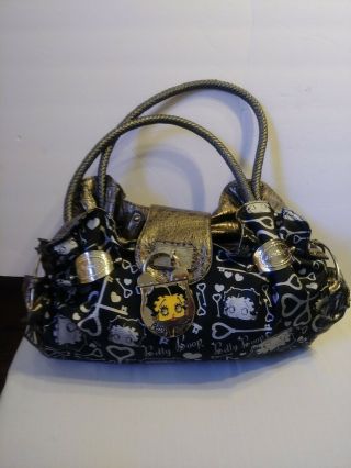 Betty Boop Woman Leather Black Gray Hand Bag Flap Magnetic Closure Euc