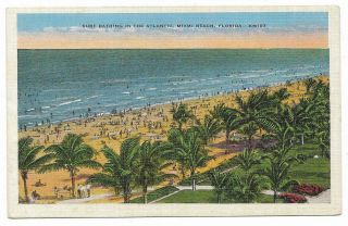 Vintage Florida Linen Postcard Miami Beach Surf Bathing In The Atlantic