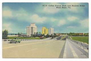 Vintage Florida Linen Postcard Miami Beach Collins Avenue South Haulover Bridge