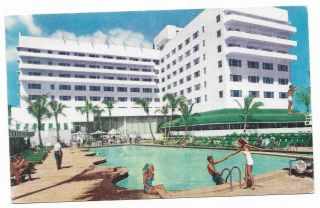 Vintage Florida Chrome Postcard Miami Beach Sans Souci Hotel Cheesecakes Pool